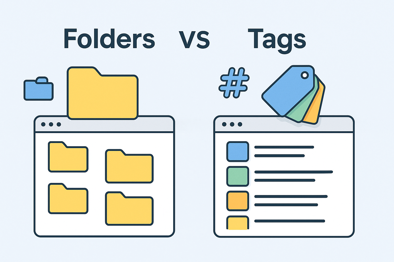 Illustration comparing folders and tags as methods to organize bookmarks in a team workspace