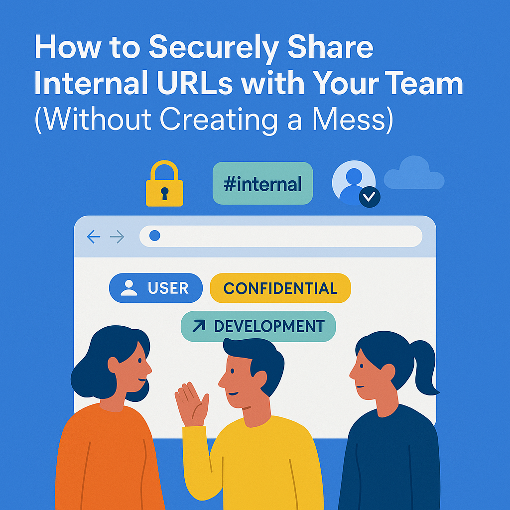 Illustration showing a team securely sharing internal URLs with user roles, tags, and permission icons
