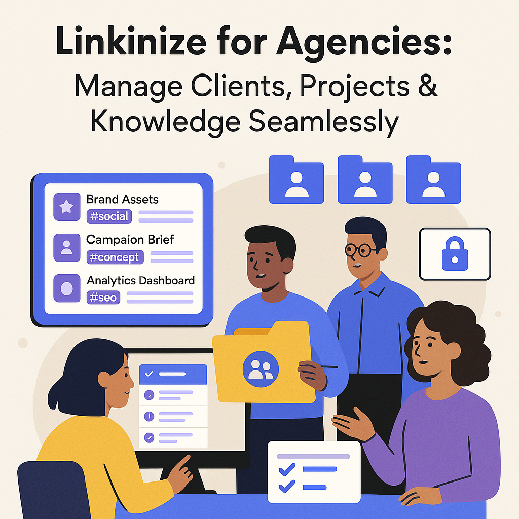 Illustration showing an agency managing multiple client workspaces with organized bookmarks and tag-based workflows