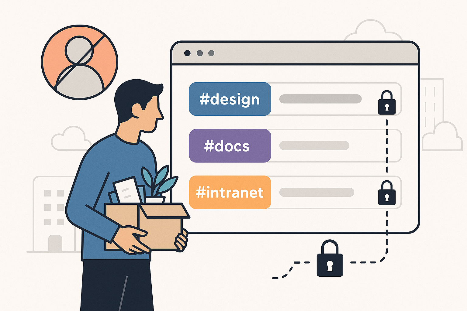 Illustration of a user being offboarded while key links are revoked or reassigned with lock icons and workspace tags