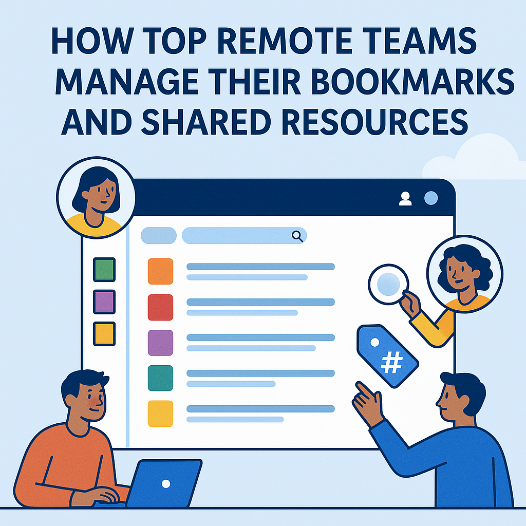 Illustration of remote team members organizing shared bookmarks in a browser window with tags and collaboration icons