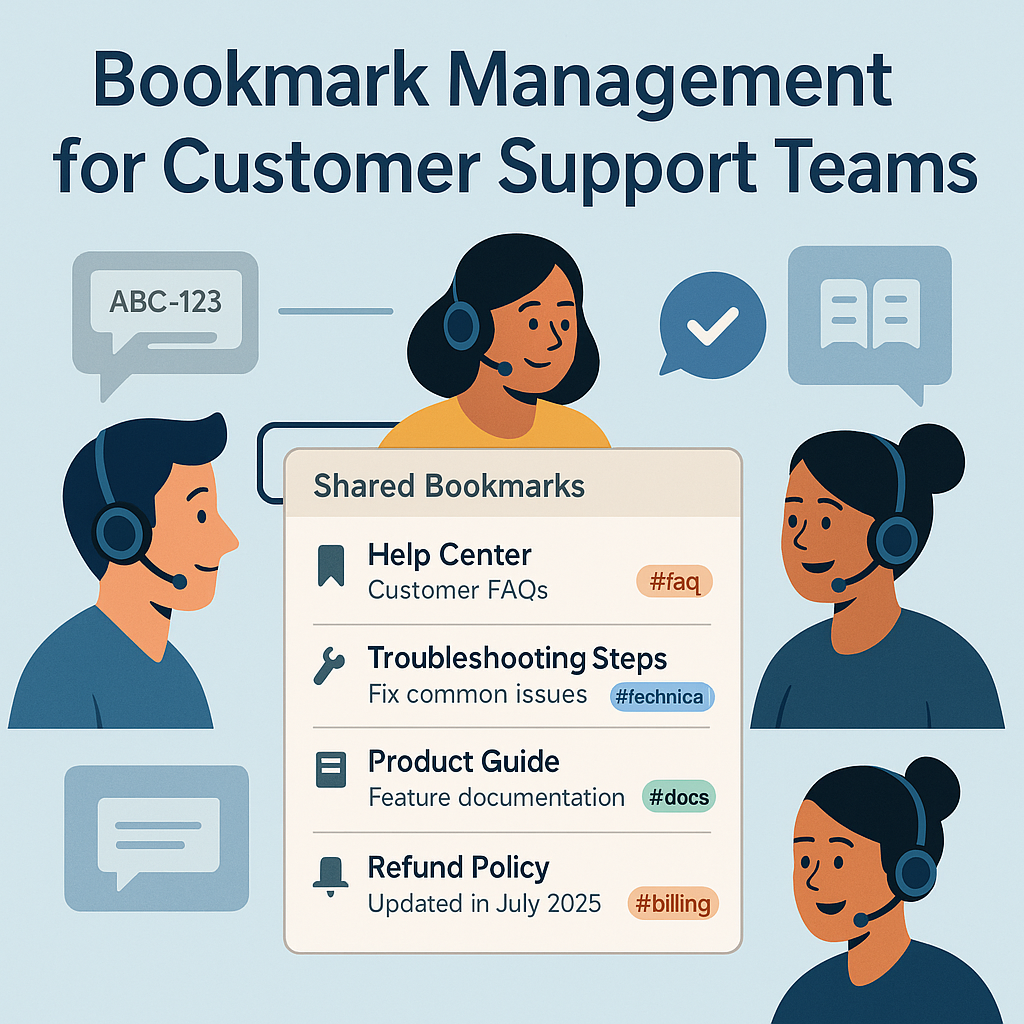 Illustration of a customer support team using shared bookmarks to access help resources and product documentation quickly