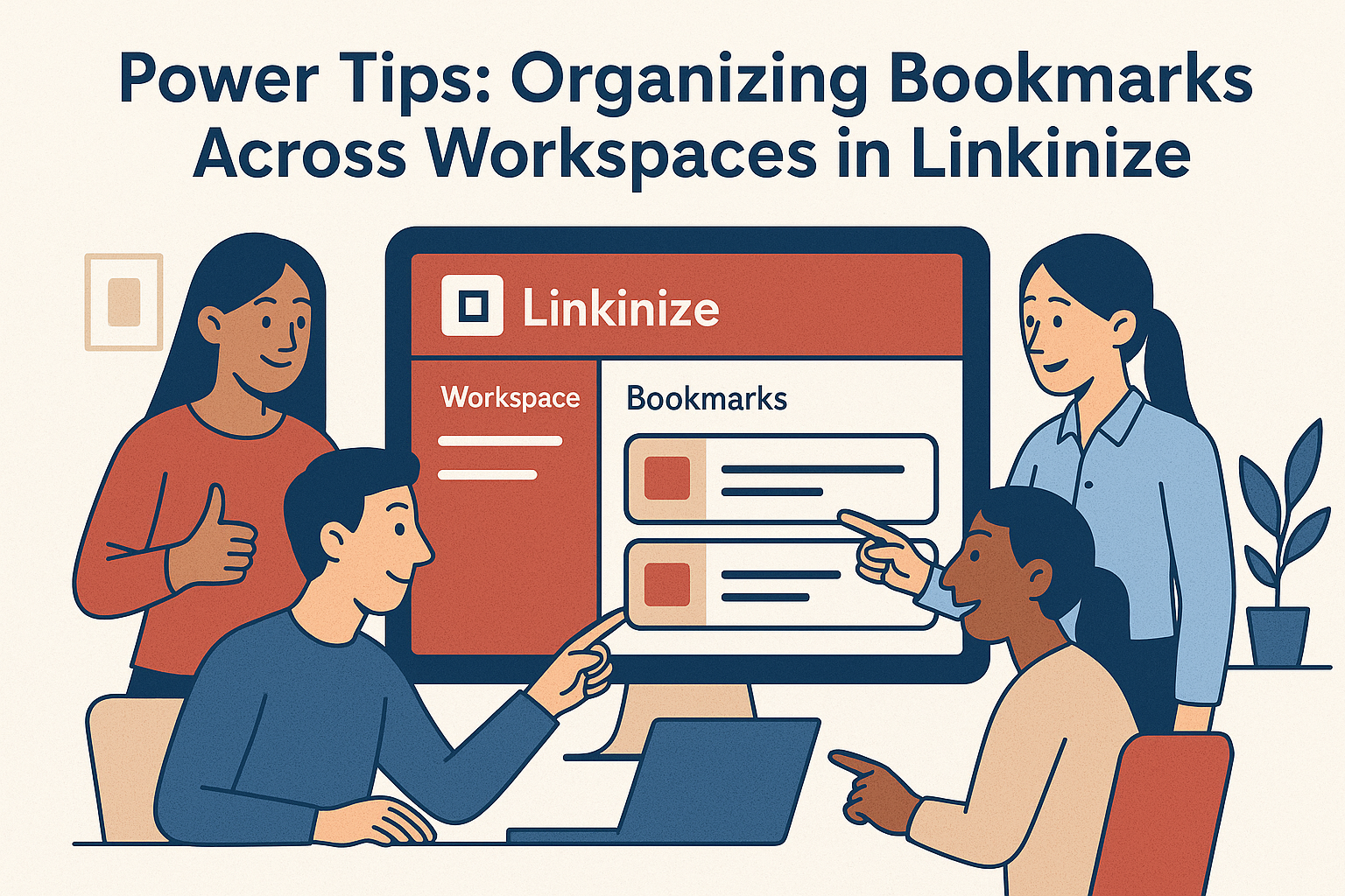 Stylized interface showing bookmarked links categorized into separate workspaces using Linkinize.